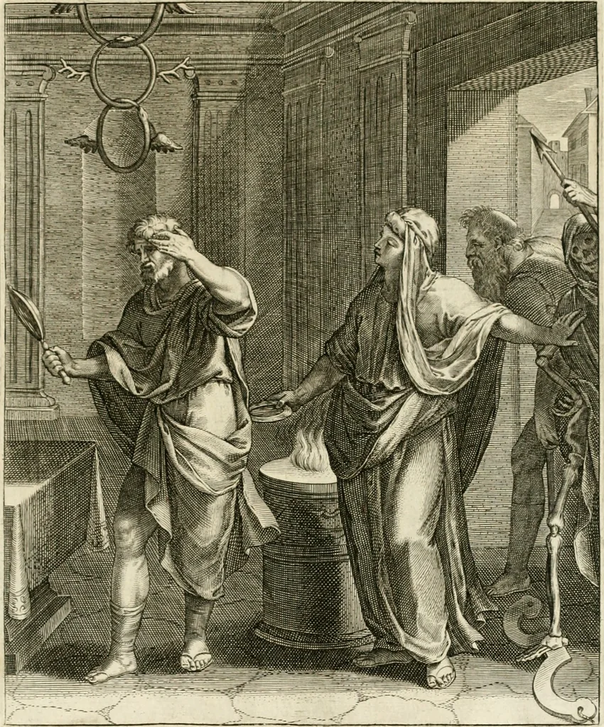 An illustration from La doctrine des murs, tiree de la philosophie des stoiques, representee en cent tableaux et expliquee en cent discours pour l'instruction de la ieunesse, 1646, leaf 226