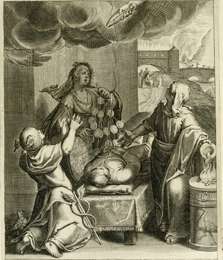 An illustration from La doctrine des murs, tiree de la philosophie des stoiques, representee en cent tableaux et expliquee en cent discours pour l'instruction de la ieunesse, 1646, leaf 240