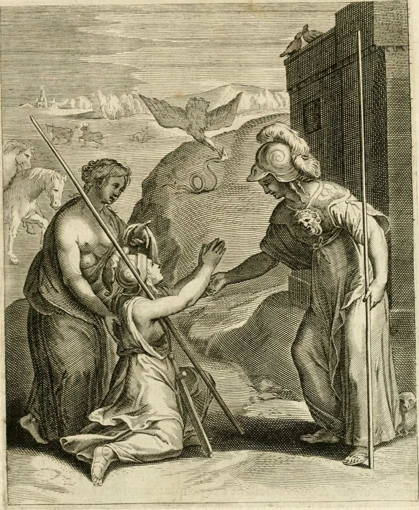 An illustration from La doctrine des murs, tiree de la philosophie des stoiques, representee en cent tableaux et expliquee en cent discours pour l'instruction de la ieunesse, 1646, leaf 36