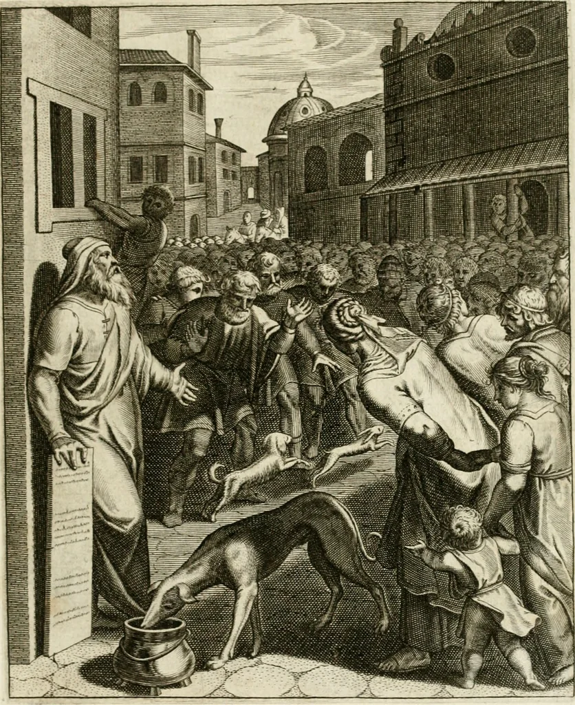 An illustration from La doctrine des murs, tiree de la philosophie des stoiques, representee en cent tableaux et expliquee en cent discours pour l'instruction de la ieunesse, 1646, leaf 38