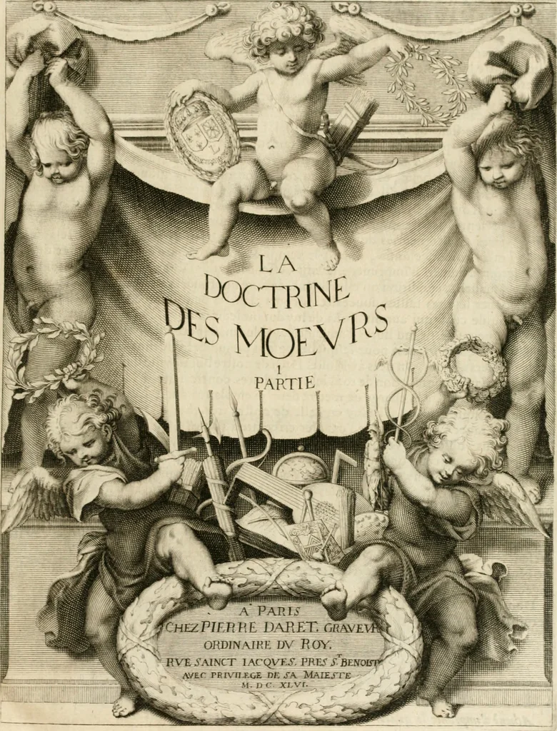 An illustration from La doctrine des murs, tiree de la philosophie des stoiques, representee en cent tableaux et expliquee en cent discours pour l'instruction de la ieunesse, 1646, leaf 4