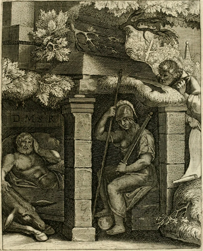 An illustration from La doctrine des murs, tiree de la philosophie des stoiques, representee en cent tableaux et expliquee en cent discours pour l'instruction de la ieunesse, 1646, leaf 46