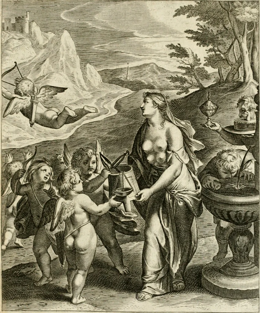An illustration from La doctrine des murs, tiree de la philosophie des stoiques, representee en cent tableaux et expliquee en cent discours pour l'instruction de la ieunesse, 1646, leaf 56