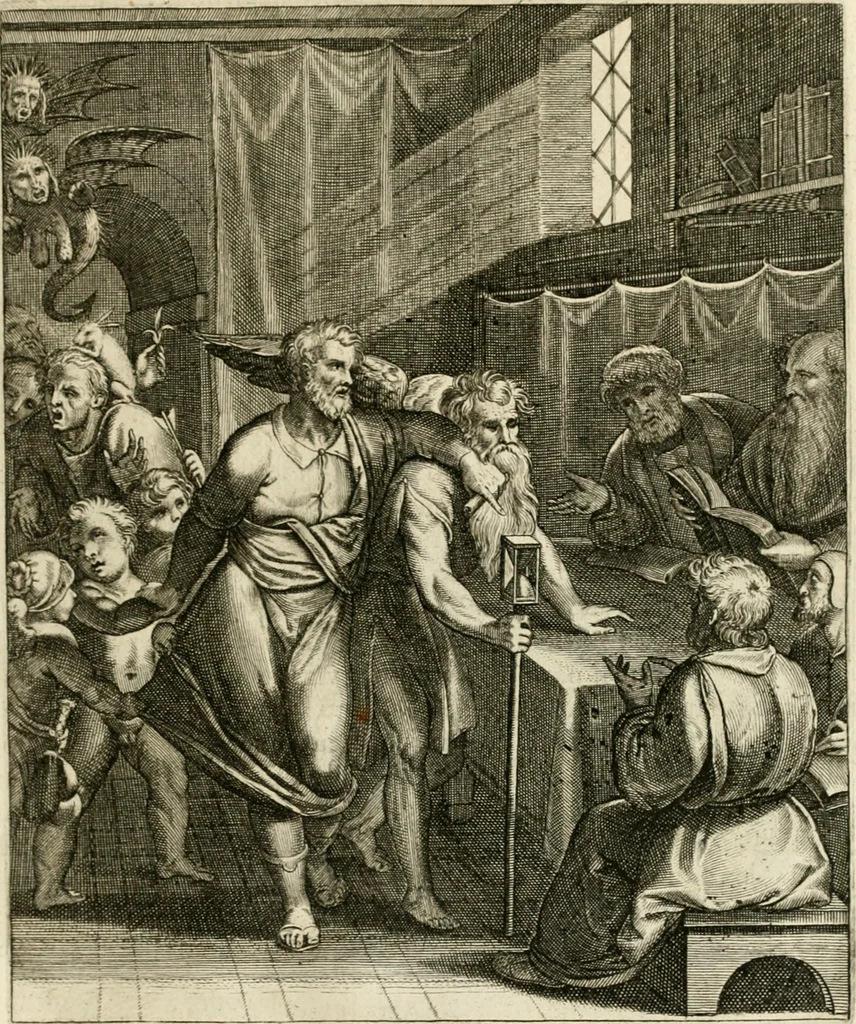 An illustration from La doctrine des murs, tiree de la philosophie des stoiques, representee en cent tableaux et expliquee en cent discours pour l'instruction de la ieunesse, 1646, leaf 60