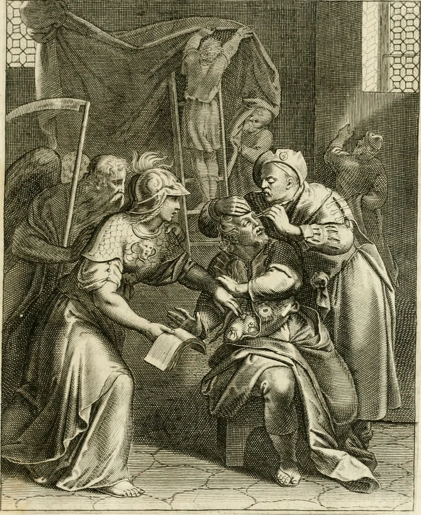 An illustration from La doctrine des murs, tiree de la philosophie des stoiques, representee en cent tableaux et expliquee en cent discours pour l'instruction de la ieunesse, 1646, leaf 64