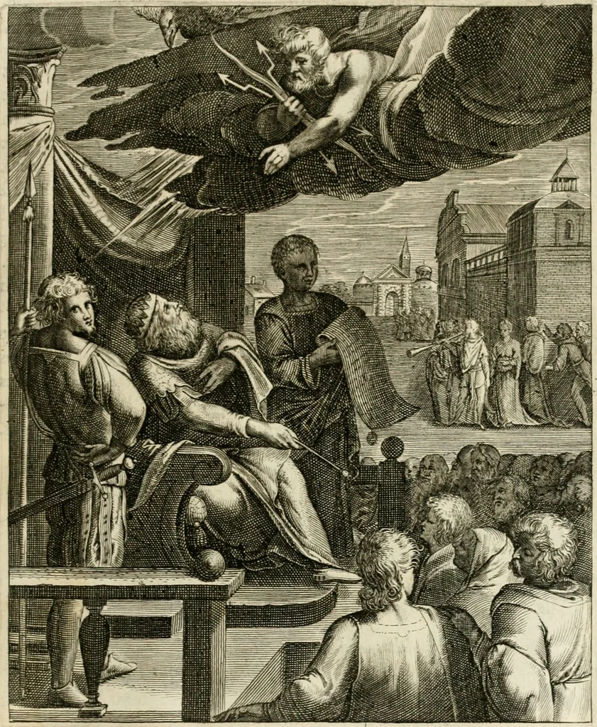 An illustration from La doctrine des murs, tiree de la philosophie des stoiques, representee en cent tableaux et expliquee en cent discours pour l'instruction de la ieunesse, 1646, leaf 68