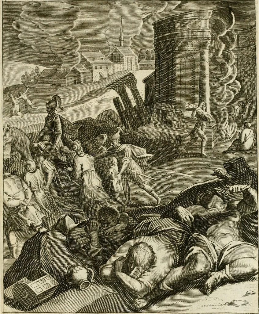An illustration from La doctrine des murs, tiree de la philosophie des stoiques, representee en cent tableaux et expliquee en cent discours pour l'instruction de la ieunesse, 1646, leaf 72