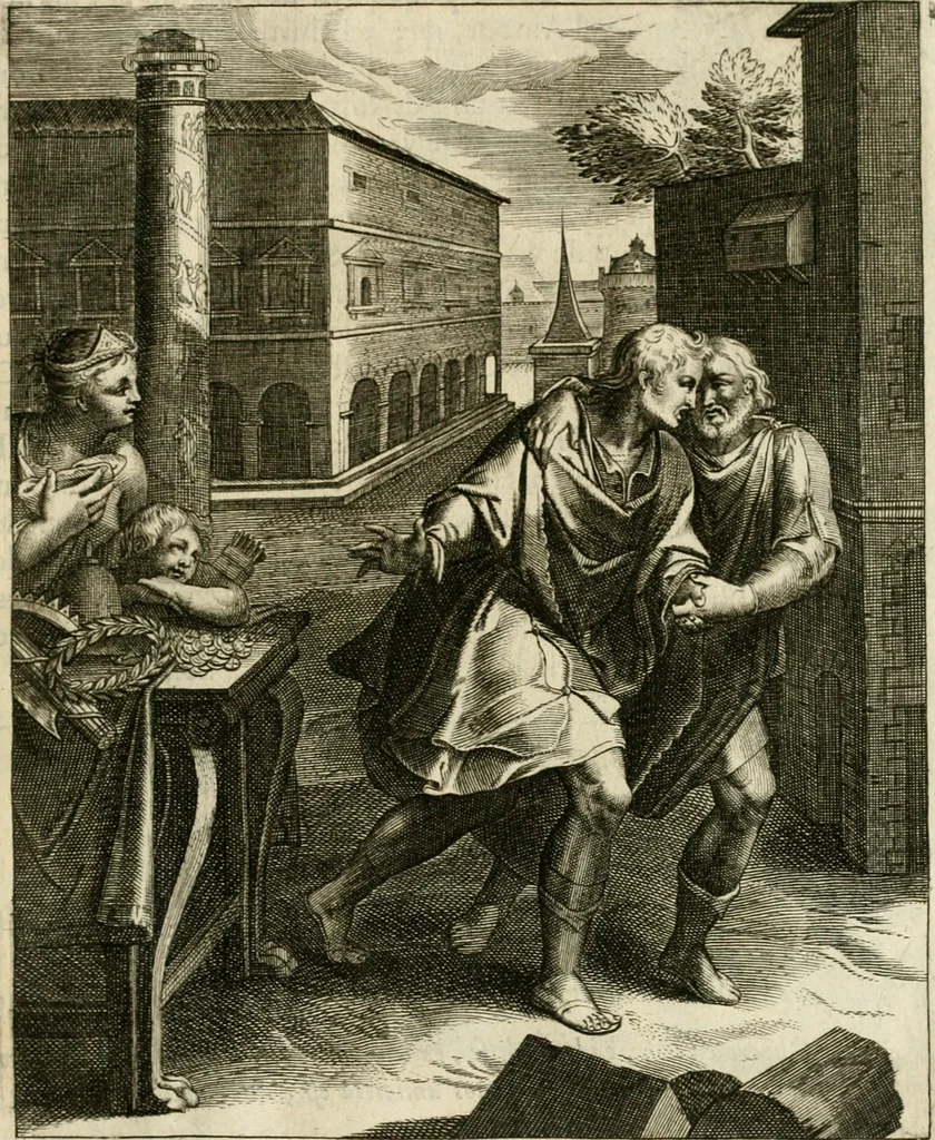 An illustration from La doctrine des murs, tiree de la philosophie des stoiques, representee en cent tableaux et expliquee en cent discours pour l'instruction de la ieunesse, 1646, leaf 76