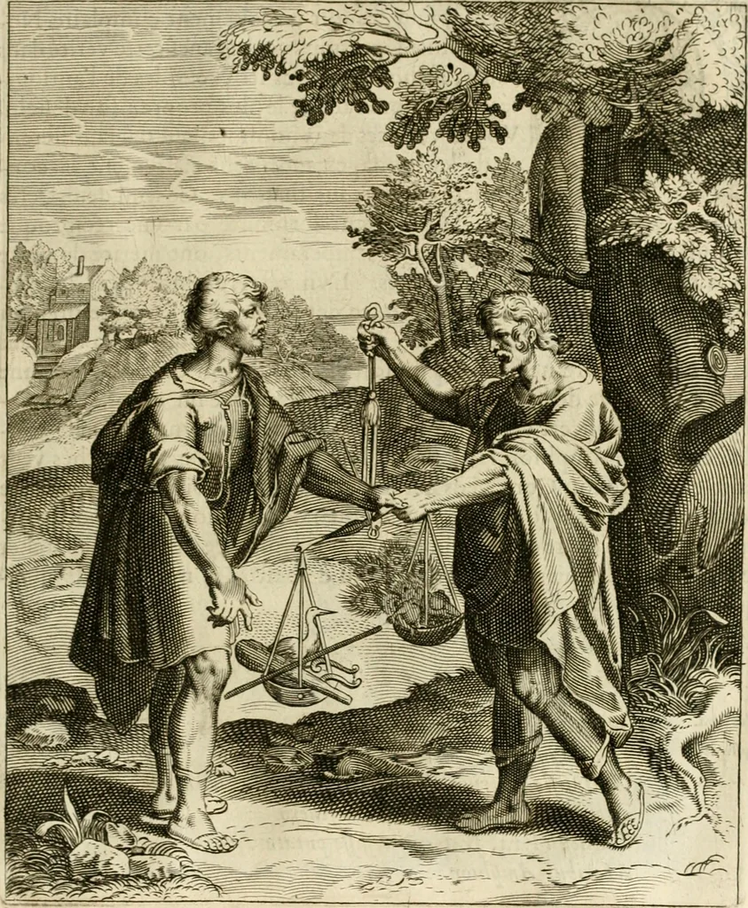 An illustration from La doctrine des murs, tiree de la philosophie des stoiques, representee en cent tableaux et expliquee en cent discours pour l'instruction de la ieunesse, 1646, leaf 78