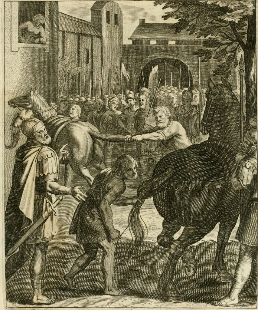 An illustration from La doctrine des murs, tiree de la philosophie des stoiques, representee en cent tableaux et expliquee en cent discours pour l'instruction de la ieunesse, 1646, leaf 82