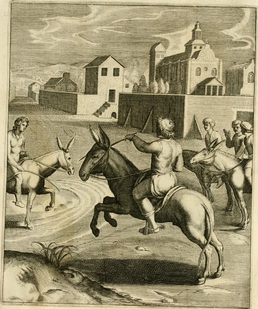 An illustration from La doctrine des murs, tiree de la philosophie des stoiques, representee en cent tableaux et expliquee en cent discours pour l'instruction de la ieunesse, 1646, leaf 84