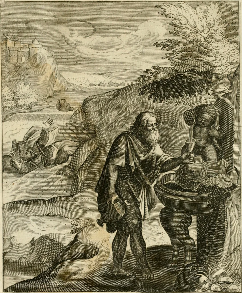 An illustration from La doctrine des murs, tiree de la philosophie des stoiques, representee en cent tableaux et expliquee en cent discours pour l'instruction de la ieunesse, 1646, leaf 94