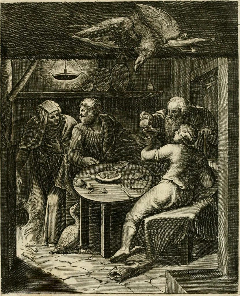 An illustration from La doctrine des murs, tiree de la philosophie des stoiques, representee en cent tableaux et expliquee en cent discours pour l'instruction de la ieunesse, 1646, leaf 98