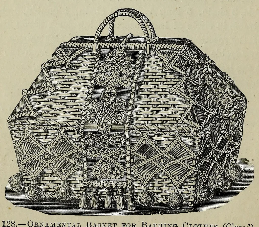 An illustration from The lady's bazaar & fancy fair book : containing suggestions upon the getting-up of bazaars and instructions for making articles in embroidery, cane-work, crochet, knitting, netting, tatting, rustic-work, and cone-work ; also directions for making skeleton leaves, phantom bouquets, and for painting on ivory, china, white wood, tapestry, and terra-cotta, 1880, leaf 156
