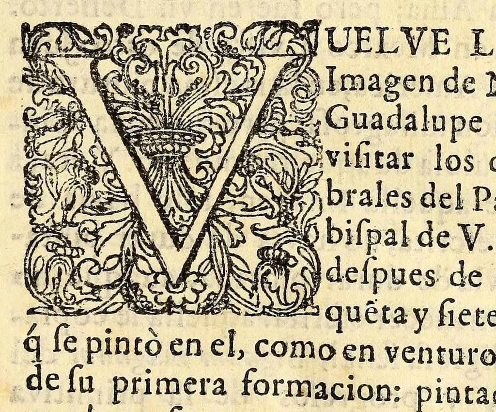 An illustration from La estrella de el norte de Mexico, : aparecida al rayar el dia de la luz evangelica en este Nuevo-Mundo, en la cumbre de el cerro de Tepeyacac orilla del mar Tezcucano, à vn natural recien convertido; pintada tres dias despues milagrosamente en su tilma, ò capa de lienço delante del obispo, y de su familia, en su casa obispal: para luz en la fè à los indios; para rumbo cierto à los españoles en la virtud; para serenidad de las tempestuosas innundaciones de la laguna. En la historia de la milagrosa imagen de N. Señora de Guadalupe de Mexico, que se apareciò en la manta de Juan Diego., 1688, leaf 11
