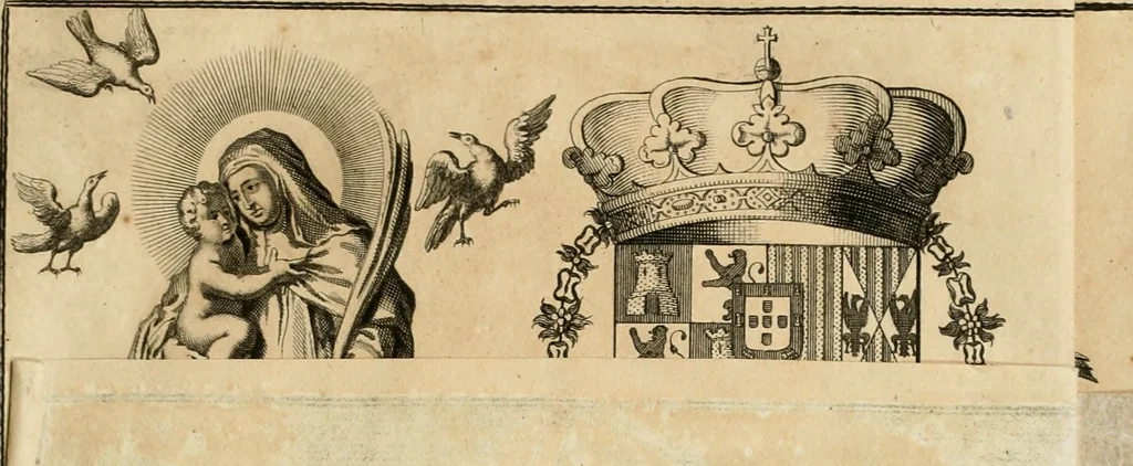An illustration from La estrella de Lima convertida en sol sobre sus tres coronas, el b. Toribio Alfonso Mogrobexo, su segundo arzobispo: celebrado con epitalamios sacros y solemnes cultos, por su esposa la Santa Iglesia Metropolitana de Lima , al activo y soberano influxo del exmo. e illmo. señor doct. d. Melchor de Liñan y Cisneros ... : descripcion sacro politica de las grandezas de la ciudad de Lima, y compendio historico eclesiastico de su Santa Iglesia Metropolitana, 1688, leaf 224