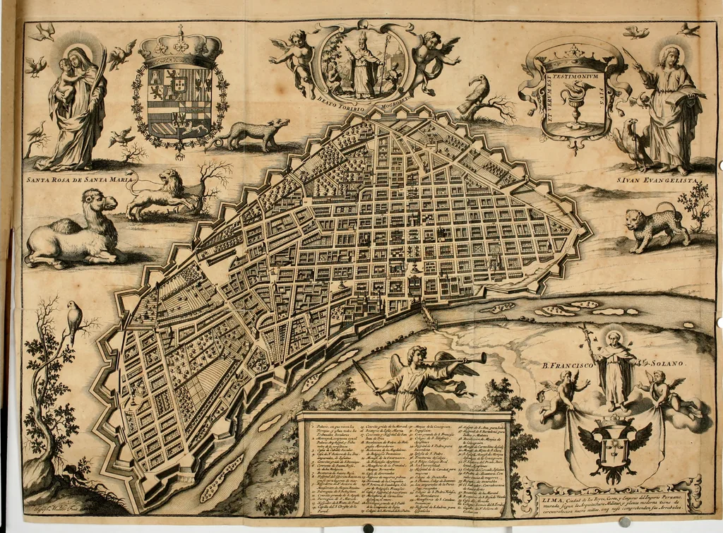 An illustration from La estrella de Lima convertida en sol sobre sus tres coronas, el b. Toribio Alfonso Mogrobexo, su segundo arzobispo: celebrado con epitalamios sacros y solemnes cultos, por su esposa la Santa Iglesia Metropolitana de Lima , al activo y soberano influxo del exmo. e illmo. señor doct. d. Melchor de Liñan y Cisneros ... : descripcion sacro politica de las grandezas de la ciudad de Lima, y compendio historico eclesiastico de su Santa Iglesia Metropolitana, 1688, leaf 225