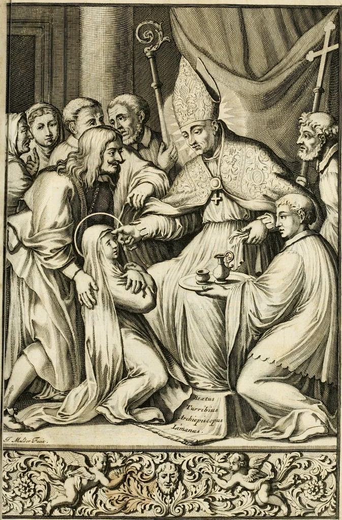 An illustration from La estrella de Lima convertida en sol sobre sus tres coronas, el b. Toribio Alfonso Mogrobexo, su segundo arzobispo: celebrado con epitalamios sacros y solemnes cultos, por su esposa la Santa Iglesia Metropolitana de Lima , al activo y soberano influxo del exmo. e illmo. señor doct. d. Melchor de Liñan y Cisneros ... : descripcion sacro politica de las grandezas de la ciudad de Lima, y compendio historico eclesiastico de su Santa Iglesia Metropolitana, 1688, leaf 26