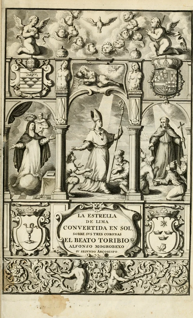 An illustration from La estrella de Lima convertida en sol sobre sus tres coronas, el b. Toribio Alfonso Mogrobexo, su segundo arzobispo: celebrado con epitalamios sacros y solemnes cultos, por su esposa la Santa Iglesia Metropolitana de Lima , al activo y soberano influxo del exmo. e illmo. señor doct. d. Melchor de Liñan y Cisneros ... : descripcion sacro politica de las grandezas de la ciudad de Lima, y compendio historico eclesiastico de su Santa Iglesia Metropolitana, 1688, leaf 4