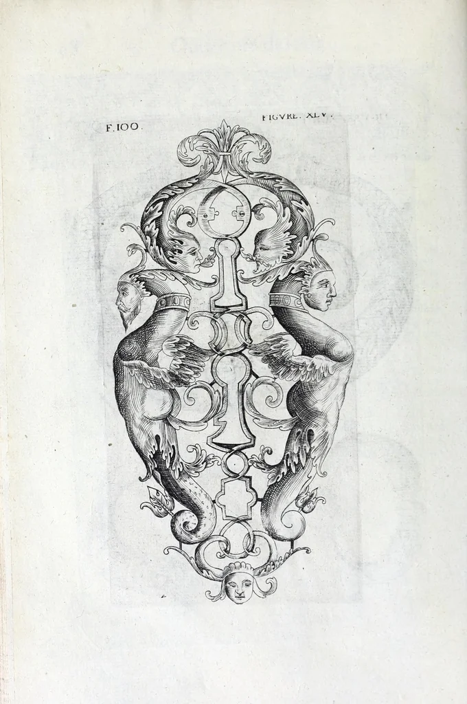 An illustration from La fidelle ouverture de l'art de serrurier : ou l'on void les principaulx preceptes, desseings [sic] et figures touchant les experiences et operations manuelles dudict art : ensemble vn petit traicté de diverses trempes, le tout, 1627, leaf 112