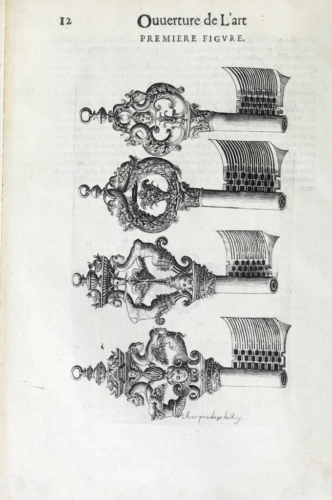 An illustration from La fidelle ouverture de l'art de serrurier : ou l'on void les principaulx preceptes, desseings [sic] et figures touchant les experiences et operations manuelles dudict art : ensemble vn petit traicté de diverses trempes, le tout, 1627, leaf 24