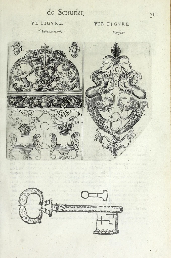 An illustration from La fidelle ouverture de l'art de serrurier : ou l'on void les principaulx preceptes, desseings [sic] et figures touchant les experiences et operations manuelles dudict art : ensemble vn petit traicté de diverses trempes, le tout, 1627, leaf 43