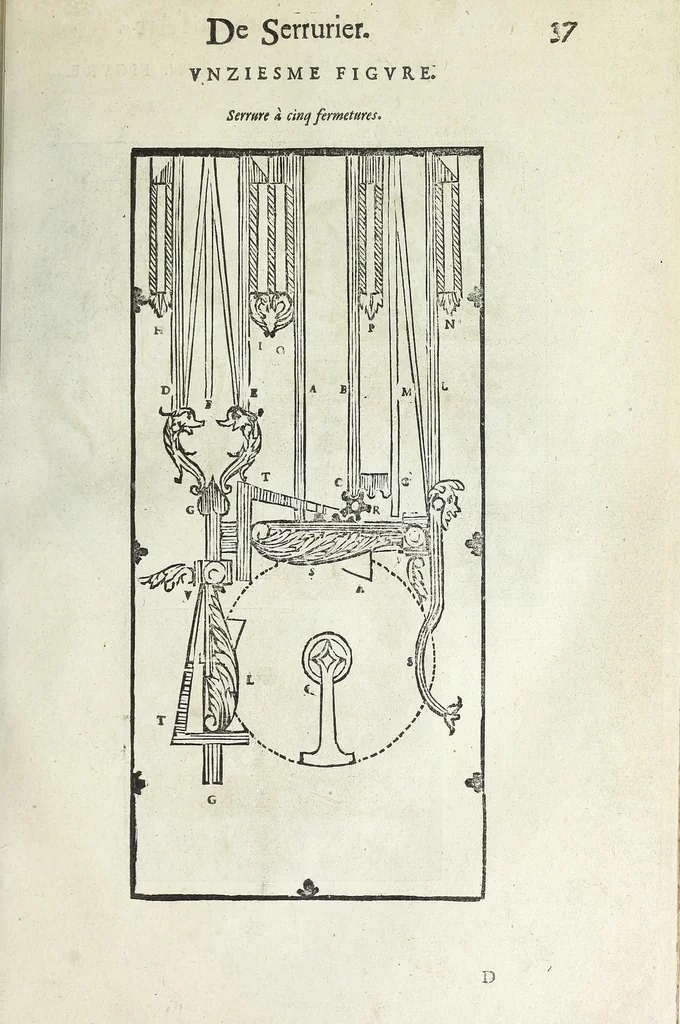 An illustration from La fidelle ouverture de l'art de serrurier : ou l'on void les principaulx preceptes, desseings [sic] et figures touchant les experiences et operations manuelles dudict art : ensemble vn petit traicté de diverses trempes, le tout, 1627, leaf 49