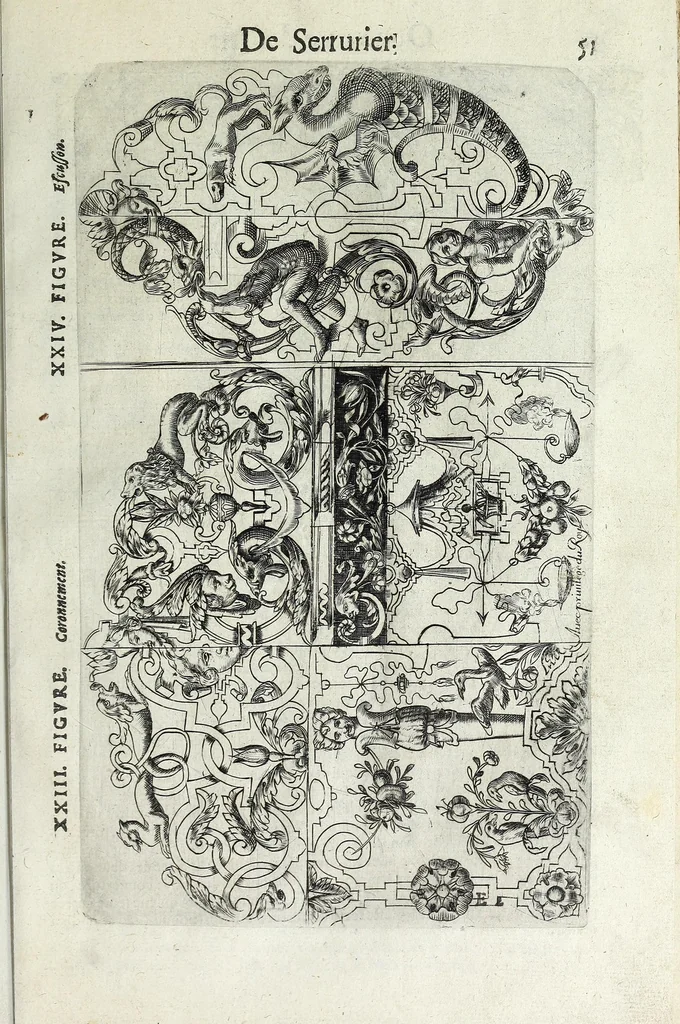 An illustration from La fidelle ouverture de l'art de serrurier : ou l'on void les principaulx preceptes, desseings [sic] et figures touchant les experiences et operations manuelles dudict art : ensemble vn petit traicté de diverses trempes, le tout, 1627, leaf 63