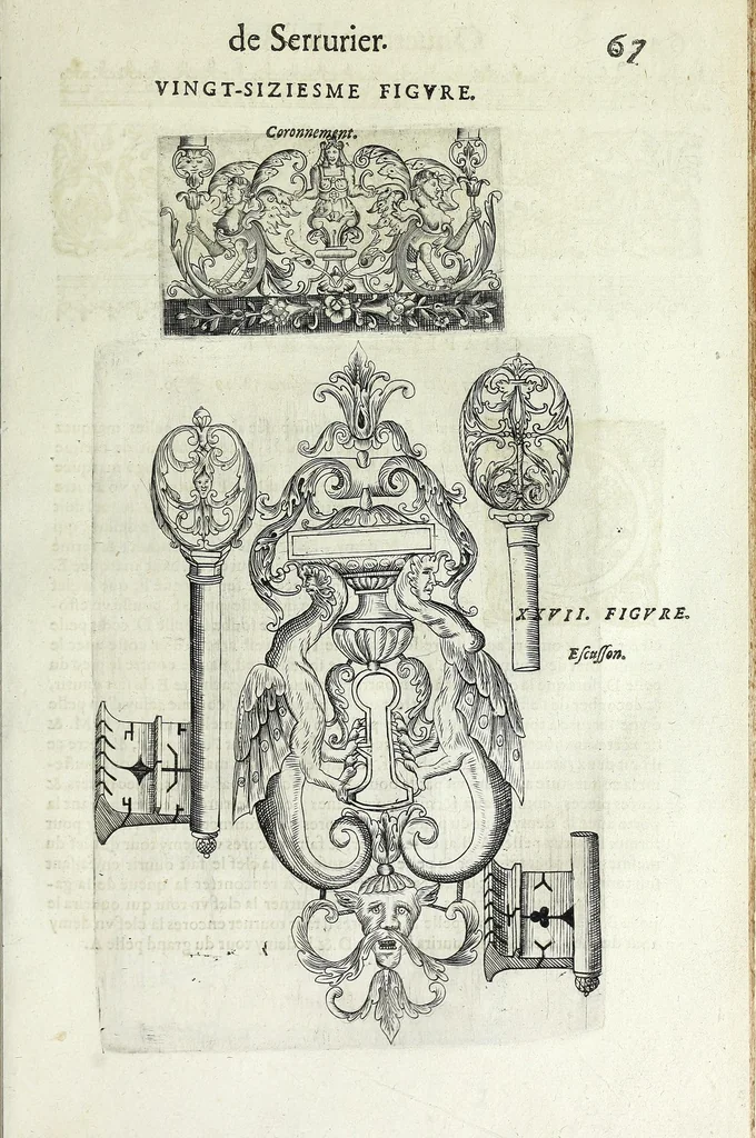 An illustration from La fidelle ouverture de l'art de serrurier : ou l'on void les principaulx preceptes, desseings [sic] et figures touchant les experiences et operations manuelles dudict art : ensemble vn petit traicté de diverses trempes, le tout, 1627, leaf 75