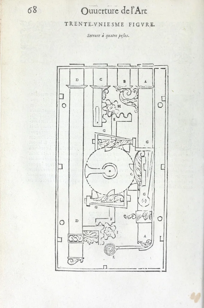 An illustration from La fidelle ouverture de l'art de serrurier : ou l'on void les principaulx preceptes, desseings [sic] et figures touchant les experiences et operations manuelles dudict art : ensemble vn petit traicté de diverses trempes, le tout, 1627, leaf 80