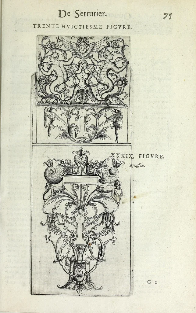 An illustration from La fidelle ouverture de l'art de serrurier : ou l'on void les principaulx preceptes, desseings [sic] et figures touchant les experiences et operations manuelles dudict art : ensemble vn petit traicté de diverses trempes, le tout, 1627, leaf 87