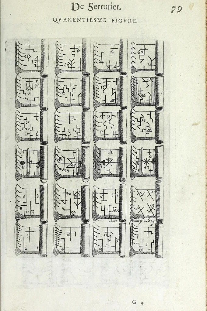 An illustration from La fidelle ouverture de l'art de serrurier : ou l'on void les principaulx preceptes, desseings [sic] et figures touchant les experiences et operations manuelles dudict art : ensemble vn petit traicté de diverses trempes, le tout, 1627, leaf 91
