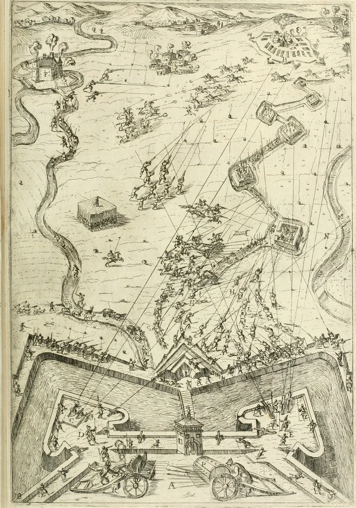An illustration from La fortificatione, guardia, difesa, et espugnatione delle fortezze esperimentata in diuerse guerre, 1624, leaf 184