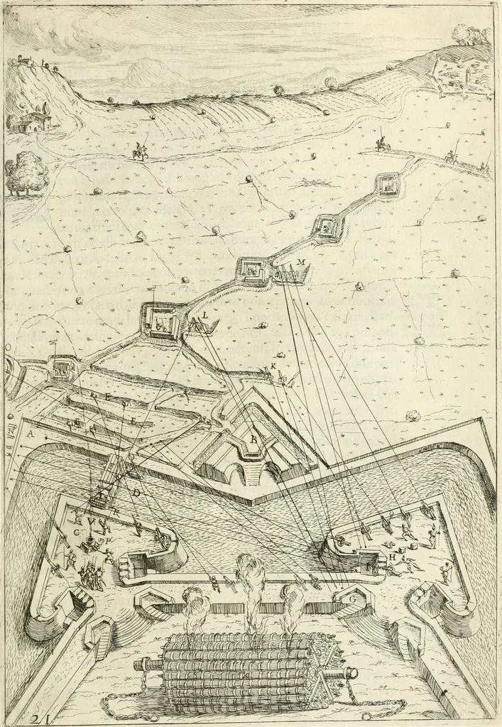 An illustration from La fortificatione, guardia, difesa, et espugnatione delle fortezze esperimentata in diuerse guerre, 1624, leaf 198