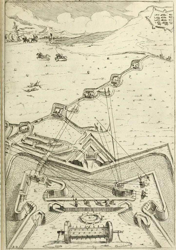 An illustration from La fortificatione, guardia, difesa, et espugnatione delle fortezze esperimentata in diuerse guerre, 1624, leaf 202