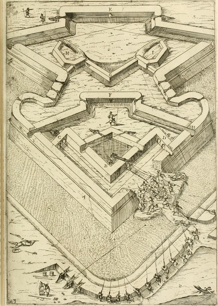 An illustration from La fortificatione, guardia, difesa, et espugnatione delle fortezze esperimentata in diuerse guerre, 1624, leaf 208