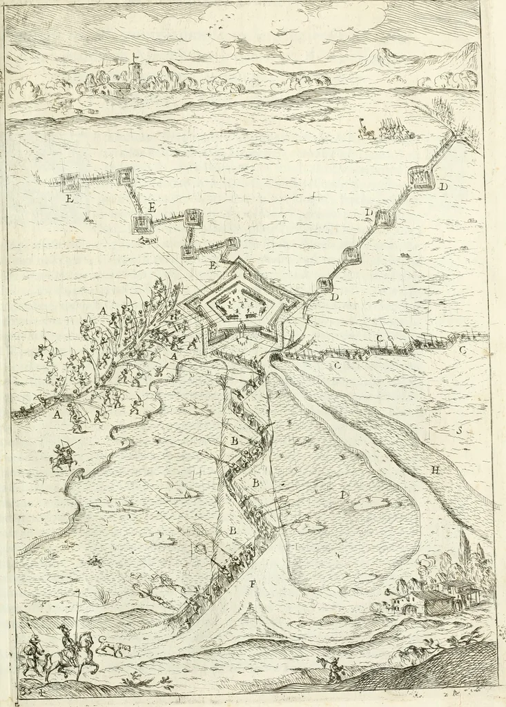 An illustration from La fortificatione, guardia, difesa, et espugnatione delle fortezze esperimentata in diuerse guerre, 1624, leaf 344