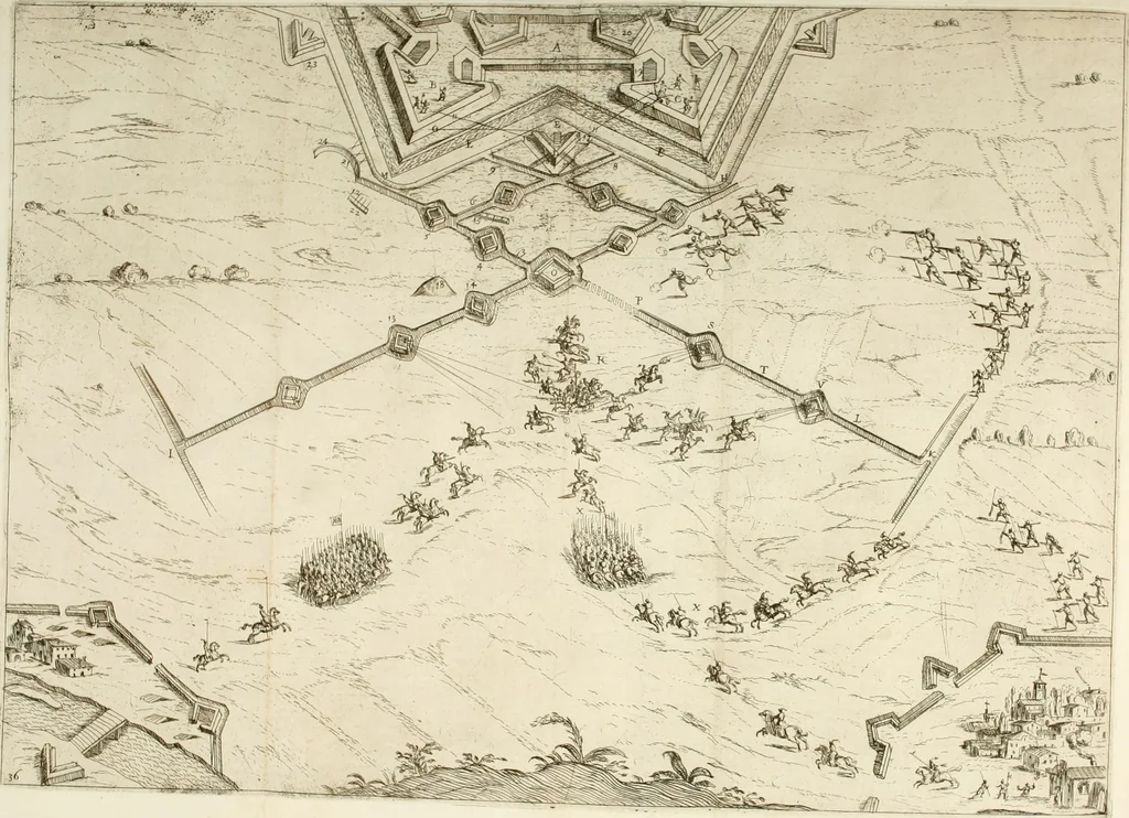 An illustration from La fortificatione, guardia, difesa, et espugnatione delle fortezze esperimentata in diuerse guerre, 1624, leaf 356