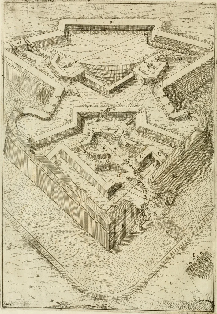 An illustration from La fortificatione, guardia, difesa, et espugnatione delle fortezze esperimentata in diuerse guerre, 1624, leaf 385