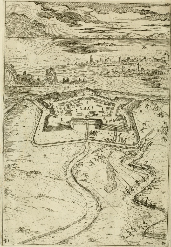 An illustration from La fortificatione, guardia, difesa, et espugnatione delle fortezze esperimentata in diuerse guerre, 1624, leaf 389