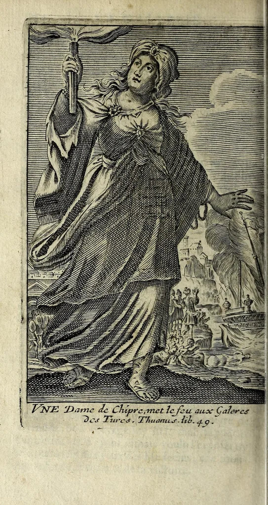 An illustration from La gallerie des femmes fortes, 1665, leaf 566