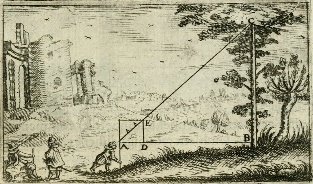 An illustration from La geometrie; ou, Mesure des lignes droittes esloignees par le quarrè geometrique, 1643, leaf 34