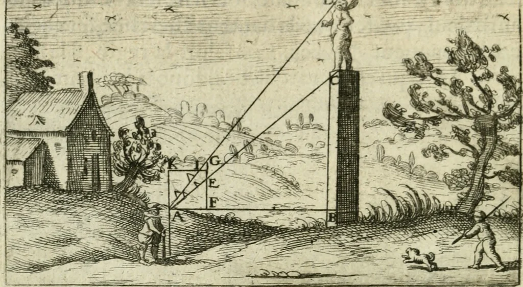 An illustration from La geometrie; ou, Mesure des lignes droittes esloignees par le quarrè geometrique, 1643, leaf 35