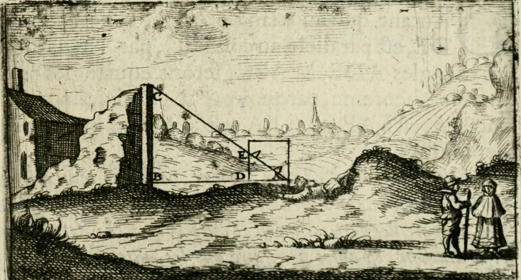 An illustration from La geometrie; ou, Mesure des lignes droittes esloignees par le quarrè geometrique, 1643, leaf 36