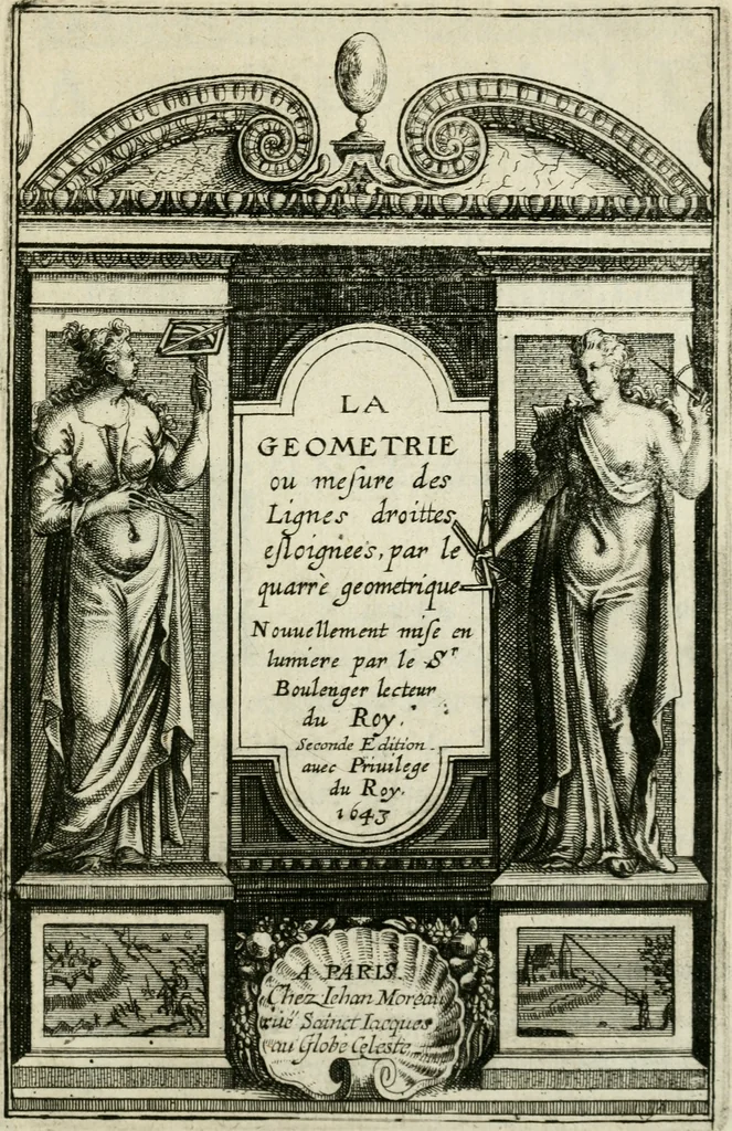 An illustration from La geometrie; ou, Mesure des lignes droittes esloignees par le quarrè geometrique, 1643, leaf 4