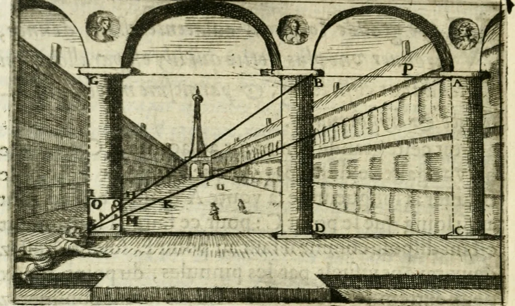 An illustration from La geometrie; ou, Mesure des lignes droittes esloignees par le quarrè geometrique, 1643, leaf 83