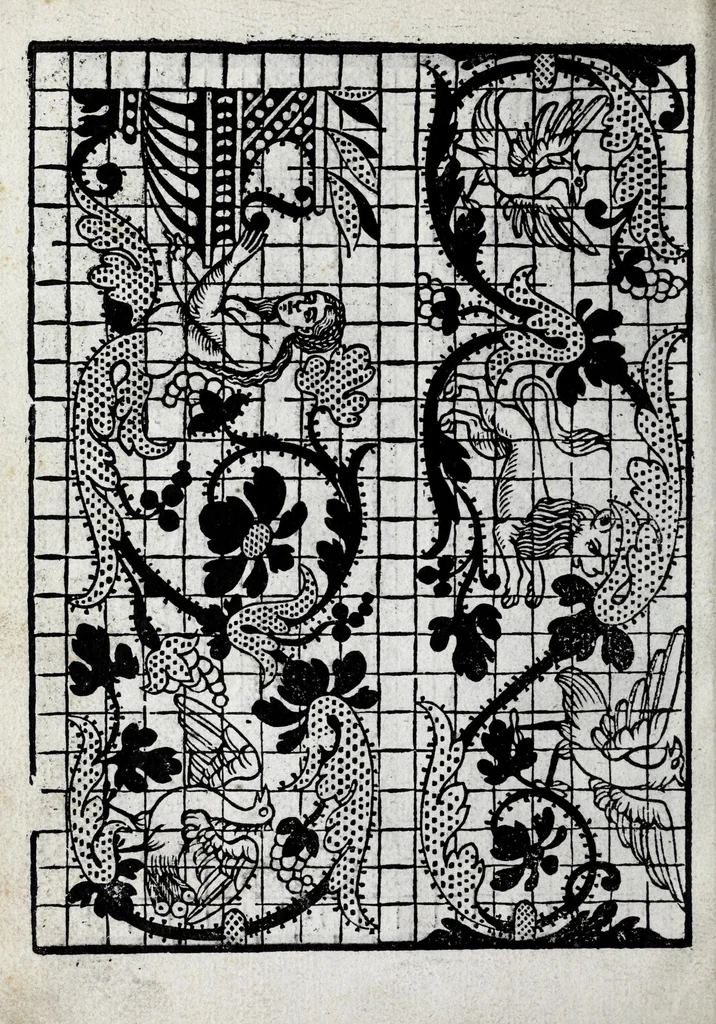 An illustration from La gloria e l'honore de ponti tagliati, e ponti in aere, & ponti in stiora a fogliami : opera noua, et con somma diligentia posta in luce, 1563, leaf 12