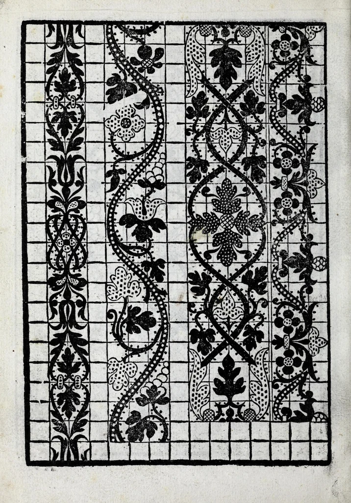 An illustration from La gloria e l'honore de ponti tagliati, e ponti in aere, & ponti in stiora a fogliami : opera noua, et con somma diligentia posta in luce, 1563, leaf 14