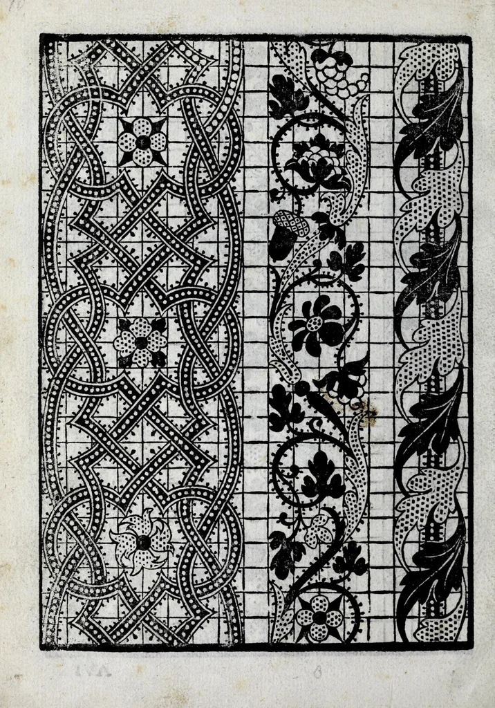 An illustration from La gloria e l'honore de ponti tagliati, e ponti in aere, & ponti in stiora a fogliami : opera noua, et con somma diligentia posta in luce, 1563, leaf 16