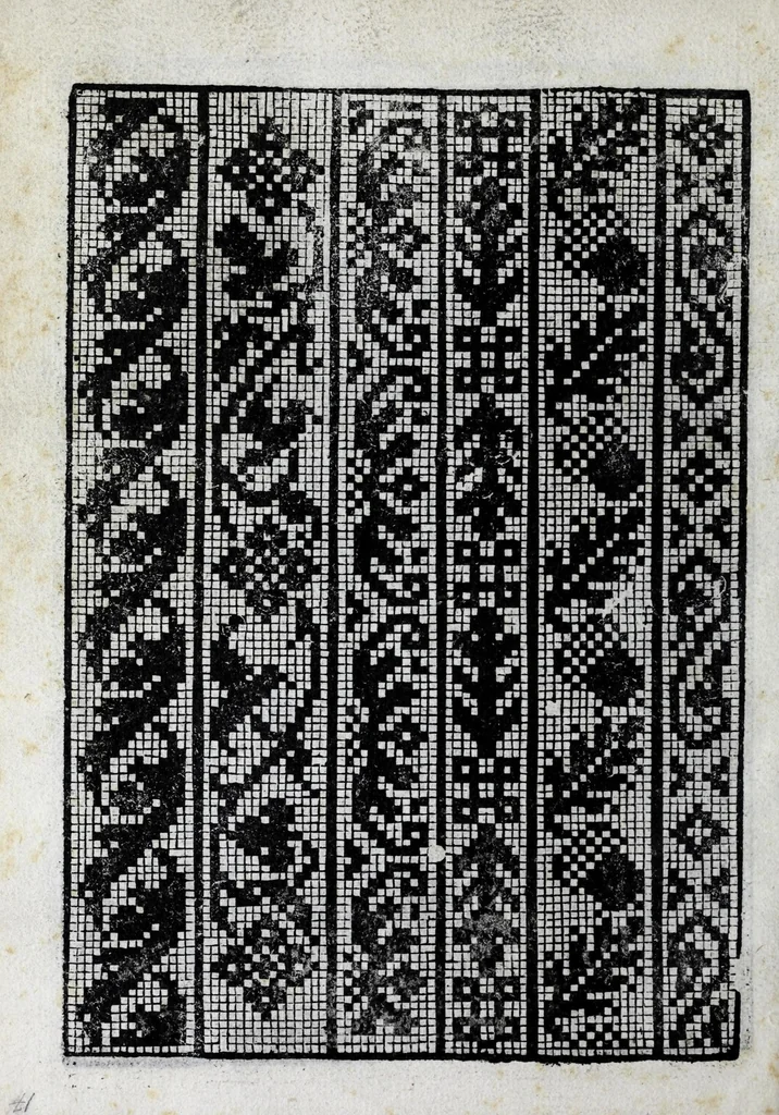An illustration from La gloria e l'honore de ponti tagliati, e ponti in aere, & ponti in stiora a fogliami : opera noua, et con somma diligentia posta in luce, 1563, leaf 18